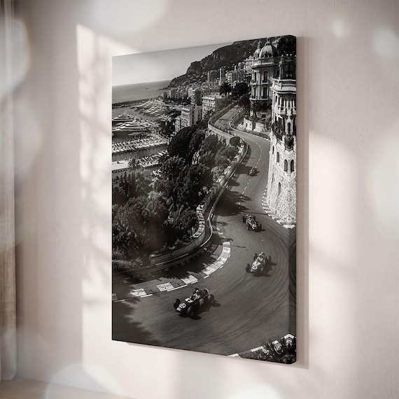 Vintage Race Car Canvas Print, Black and White Coastal Motorsport Decor