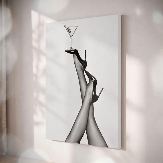 Black and White Martini Glass High Heels Canvas Print, Glam Bar Cart Art