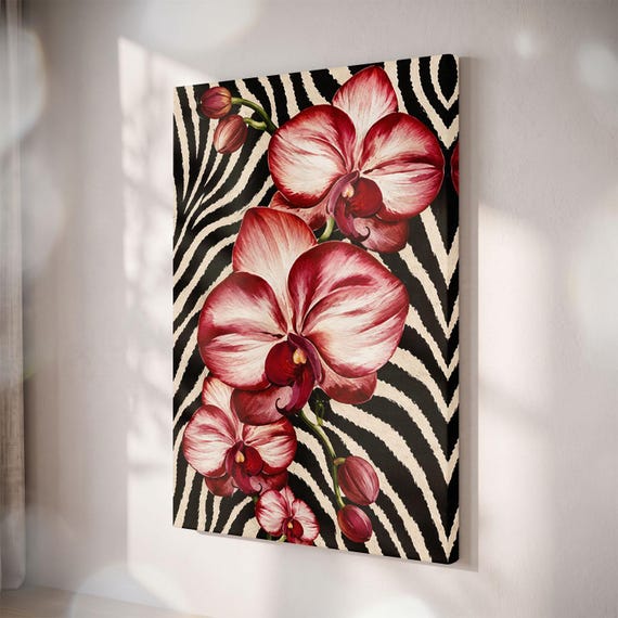 Red Orchid Zebra Print Canvas, Maximalist Floral Wall Art, Burgundy Botanical Decor