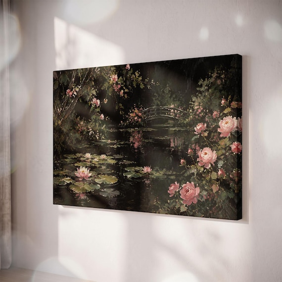 Moody Water Lily Pond Canvas Print, Romantic Rose Bridge Garden Art