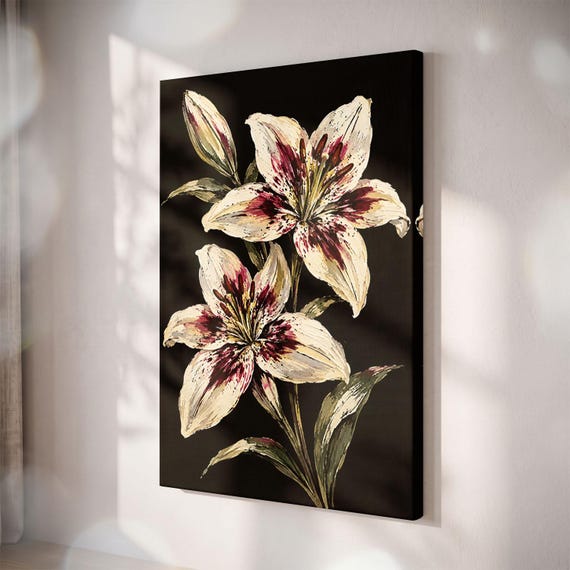 Moody Lily Canvas Print, Dark Floral Wall Art, Burgundy Blossom Decor