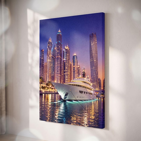 Dubai Marina Yacht Canvas Print, Luxury Cityscape Night Art