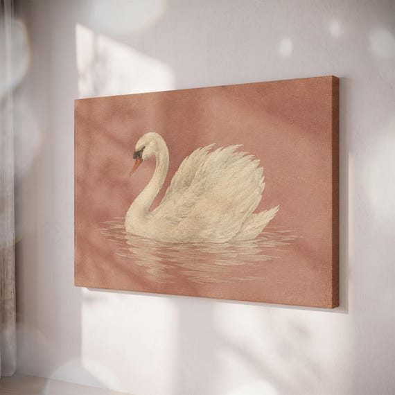 Vintage Swan Canvas Print, Dusty Rose Pink Bird Art, Cottagecore Wall Decor
