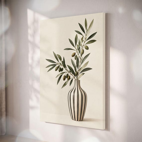 Olive Branch Striped Vase Canvas Print, Mediterranean Botanical Wall Art