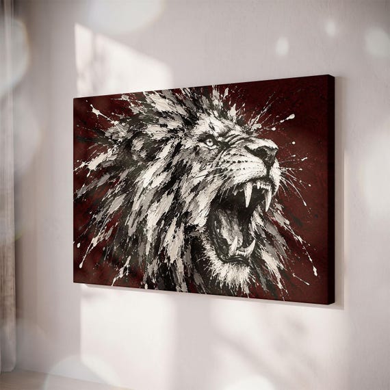 Roaring Lion Canvas Print, Black and White Wildlife Art, Bold Red Masculine Decor