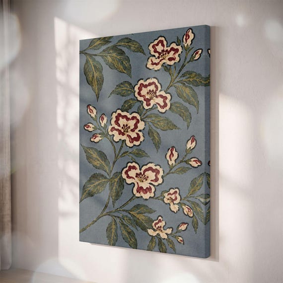 Vintage Botanical Canvas Print, Blue Floral Artwork, Cottagecore Decor