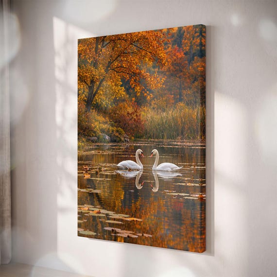 Autumn Swan Couple Canvas Print, Fall Lake Landscape Wall Art