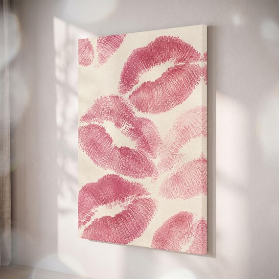 Pink Lipstick Kiss Marks Canvas Print, Blush Preppy Wall Art