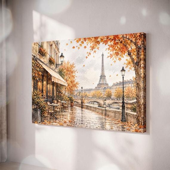 Autumn Paris Eiffel Tower Cafe Canvas Print, French Cityscape Wall Art