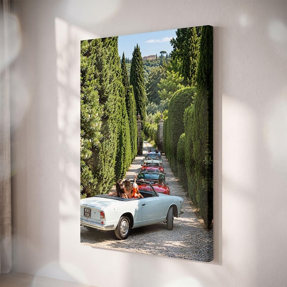 Vintage Italian Convertible Road Trip Canvas Print, Tuscany Cypress Tree Wall Art