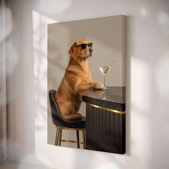Golden Retriever Martini Canvas Print, Funny Dog Bar Cart Art