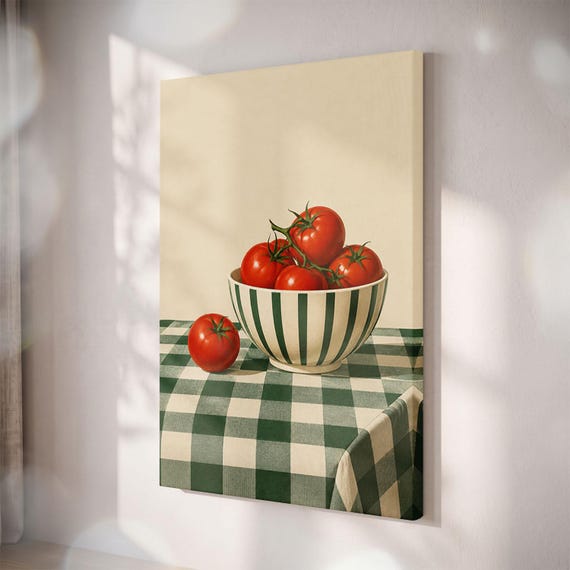 Tomato Still Life Canvas Print, Green Gingham Tablecloth, Rustic Kitchen Wall Art