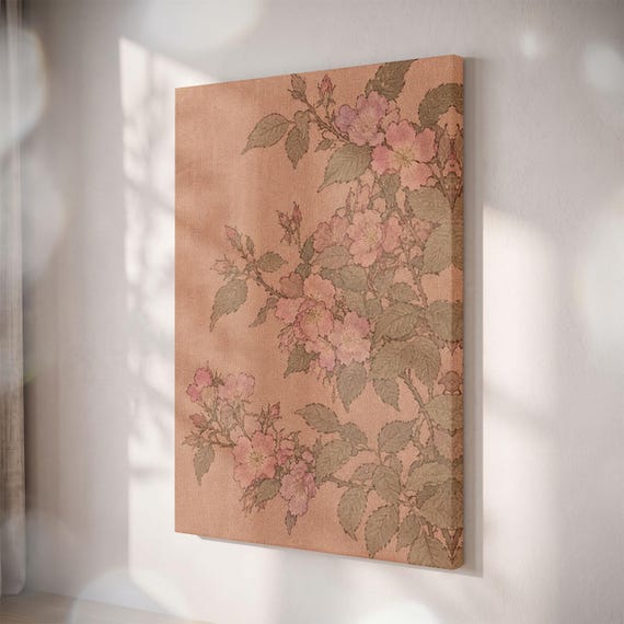 Vintage Wild Rose Canvas Print, Dusty Pink Floral Art, Cottagecore Decor