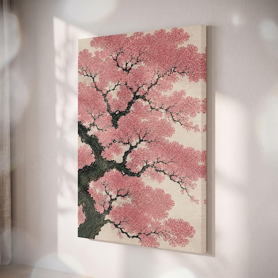 Japanese Cherry Blossom Tree Canvas Print, Pink Sakura Botanical Art