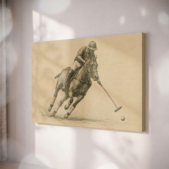 Vintage Polo Player Canvas Print, Equestrian Sketch Art, Masculine Office Decor