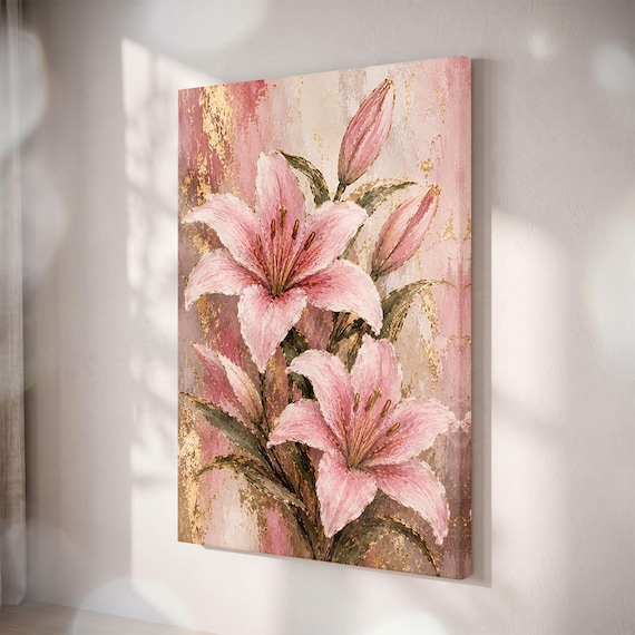 Pink Lily Canvas Print, Blush Gold Botanical Wall Art, Textured Floral Decor