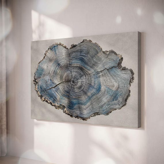 Blue Wood Slice Canvas Print, Rustic Nature Wall Art, Cabin Decor