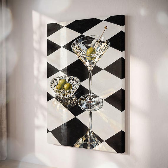 Dirty Martini Canvas Print, Black White Checkered Bar Cart Art