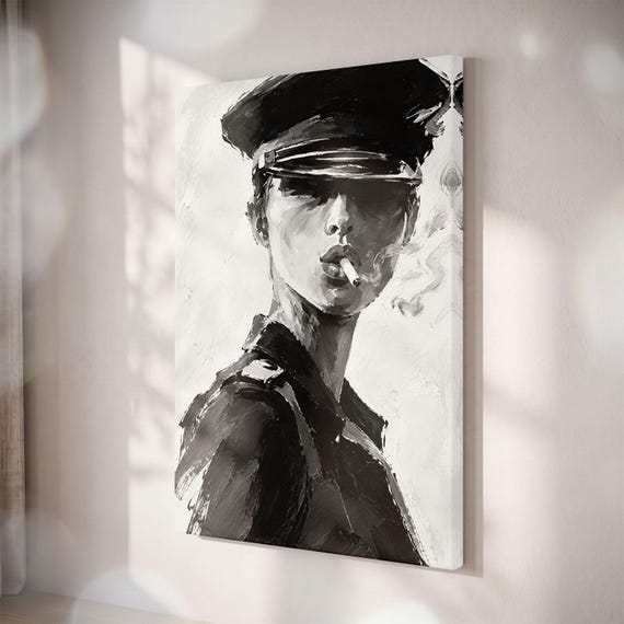 Smoking Woman Canvas Print, Black And White Wall Art, Edgy Military Cap Portrait, Moody Monochrome Noir Decor, Modern Urban Bedroom Art