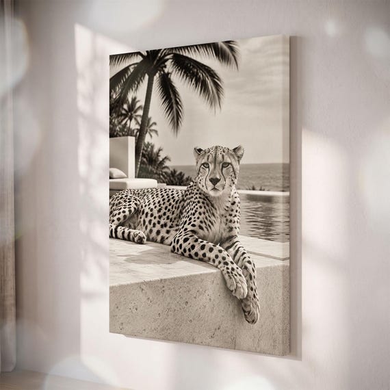 Black and White Cheetah Canvas Wall Art, Modern Safari Decor, Tropical Neutral Print