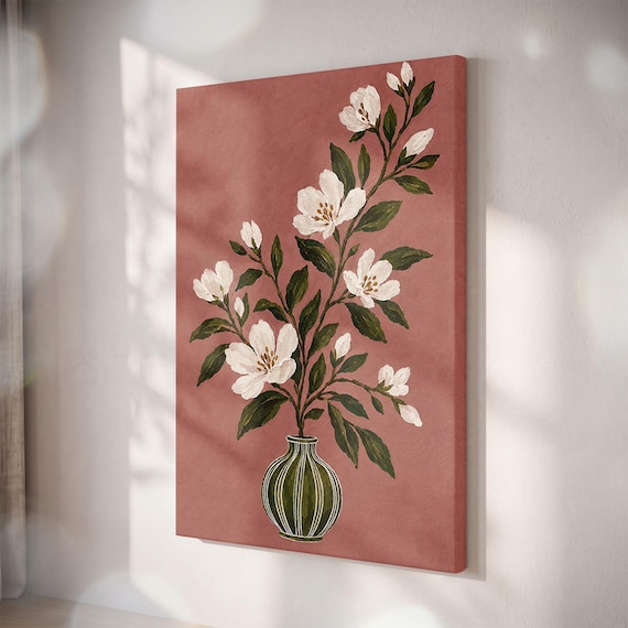 Cottagecore Magnolia Floral Canvas Print, Pink Flower Vase Wall Art