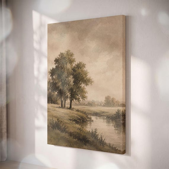 Vintage Landscape Canvas Print, Sepia River Meadow Art, Rustic Countryside Decor