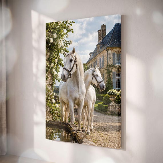 Two White Horses Canvas Print, French Country Estate Wall Art, Rustic Farmhouse Decor