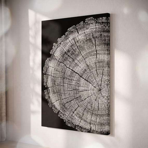 Black and White Tree Ring Canvas Print, Rustic Wood Grain Wall Art