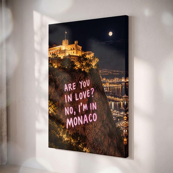 Monaco Night City Canvas Print, Pink Neon Quote, European Travel Art