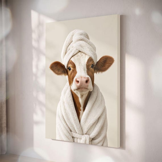 Funny Cow Spa Canvas Print, Farmhouse Bathroom Wall Art, Neutral Decor