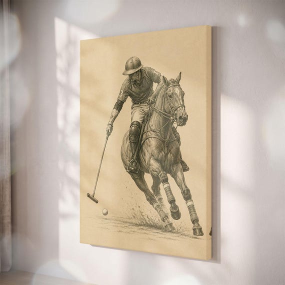 Vintage Polo Player Canvas Print, Sepia Pencil Sketch, Equestrian Wall Art