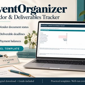 May include: An EventOrganizer Vendor & Deliverables Tracker Excel template displayed on a laptop screen. The image includes a vendor badge, a clipboard with a pen, and text listing features like vendor document status and deliverable deadlines.