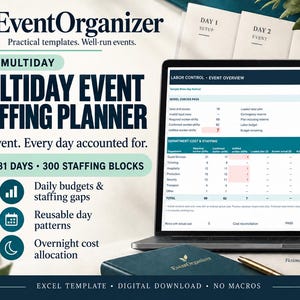May include: A digital multiday event staffing planner template for Excel. The display shows a laptop screen with a labor control dashboard, event planning cards labeled Day 1, Day 2, and Day 3, and a branded lanyard with the EventOrganizer logo.