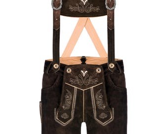 Genuine Leather German Lederhosen for Men Oktoberfest Outfit Short Length Brown