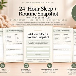 Könnte beinhalten: Ein druckbares 8-seitiges 24-Hour Sleep + Routine Snapshot PDF für Fachleute. Das Dokument enthält Abschnitte für den Routineüberblick, Schlaf- und Fütterungsprotokolle, Tagesrhythmus sowie Betreuerantworten und Notizen.