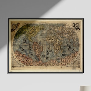 Antique World Map Canvas Wall Art, Vintage Cartography Print, Historical Atlas Poster, Nautical Explorer Old World Travel Decor