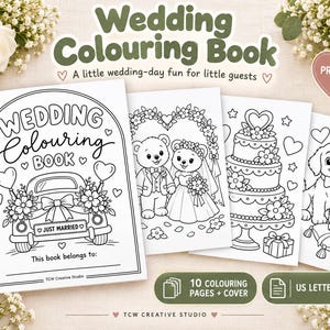 Pode incluir: Um livro de colorir de casamento imprimível com uma capa ilustrando um carro e o texto Wedding Colouring Book e Just Married. Inclui páginas com ursos, um bolo e um cachorrinho. Texto 10 Colouring Pages + Cover e US Letter + A4.