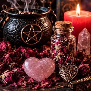 May include: A black cast iron cauldron with a pentacle symbol, a glass jar filled with dried red rose petals and a cork stopper, a polished pink quartz heart, a metal heart-shaped pentacle pendant, and a red candle amidst scattered rose petals.
