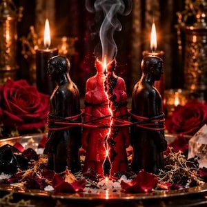 May include: A central red candle shaped like a human figure, split down the middle with a glowing light, flanked by two black human-shaped candles. All three are bound together by red string, surrounded by red rose petals and two lit black candles.