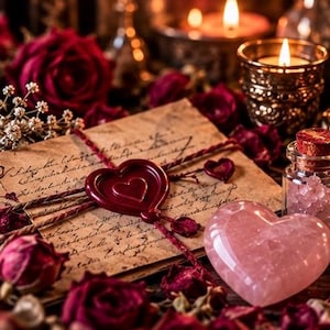 Könnte beinhalten: Ein gealterter Pergamentumschlag, der mit einer dunkelroten Schnur verschnürt und mit einem herzförmigen Wachssiegel verschlossen ist, umgeben von dunkelroten Rosen, einem kleinen Glasfläschchen mit rosa Kristallen und einem polierten Rosenquarzherz.