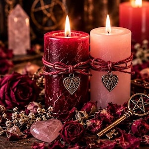 Op de afbeelding: Twee cilindrische stompkaarsen, een donkerrood met een gebarsten textuur en een lichtroze, elk omwikkeld met rood touw en een metalen hartvormige bedel met een pentagram. De kaarsen branden en geven een warm licht tussen verspreide rode rozenblaadjes.