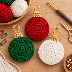 May include: Three round crochet ornaments in red, green, and white, each featuring a textured circular pattern and a gold-colored crocheted hanging loop at the top. The ornaments are arranged alongside yarn balls, a crochet hook, and scissors.