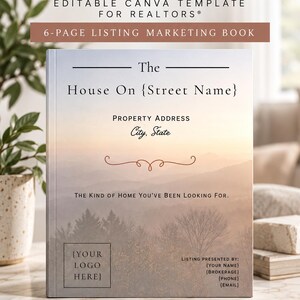 May include: A six-page real estate marketing book template titled The Listing Book. The cover features a landscape image of mountains at sunset with text placeholders for property address, street name, city, state, and contact information.