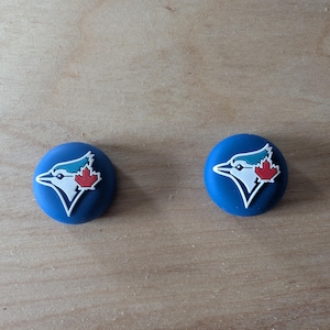 Puede incluir: Dos dijes circulares azules para calzado, cada uno con un gráfico en blanco, turquesa y rojo del perfil de un arrendajo azul con una hoja de arce roja. Los dijes tienen un acabado mate suave y un diseño en relieve para accesorios de calzado.