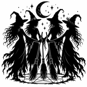 Puede incluir: Una ilustración gráfica en blanco y negro con cuatro siluetas de figuras con sombreros puntiagudos y vestidos largos y desgarrados. Están de pie en círculo sosteniendo escobas sobre un pentagrama, bajo una luna creciente y estrellas.