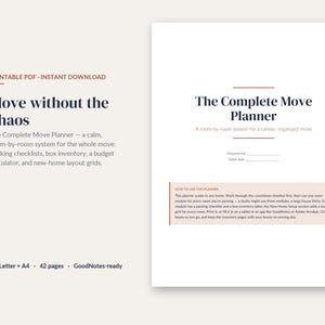 Puede incluir: Un planificador de mudanzas en PDF imprimible con el texto Move without the chaos y The Complete Move Planner. El documento incluye listas de verificación de empaque, inventario de cajas, calculadora de presupuesto y cuadrículas en A4.
