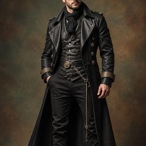 May include: A black long coat, vest, and trousers ensemble featuring a top hat with a metallic emblem, dark sunglasses, a black scarf, and a waist belt with a hanging chain. The outfit includes black lace-up boots with a textured cuff detail.