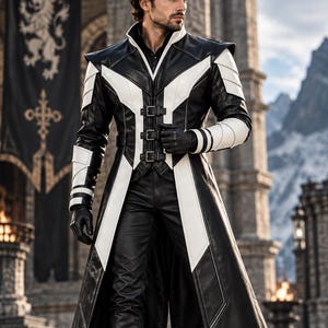 May include: A long black and white leather coat featuring a high collar, structured shoulders, and three front buckle closures. The coat is worn over black trousers and paired with black leather gloves and black boots with side buckle details.