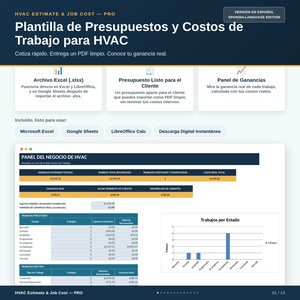 Op de afbeelding: Een digitaal HVAC-offerte- en arbeidskostensjabloon in het Spaans. De interface toont een zakelijk dashboard met financiële statistieken, tabellen met de status van opdrachten en een staafdiagram. Compatibel met Excel, Sheets en LibreOffice.
