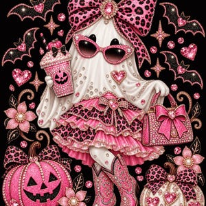 Peut inclure: Un personnage fantôme blanc portant des accessoires à motif léopard rose, dont un grand nœud, une jupe à volants et des bottes de cow-boy. Le fantôme tient une boisson rose scintillante et un sac à main assorti, entouré de citrouilles roses.